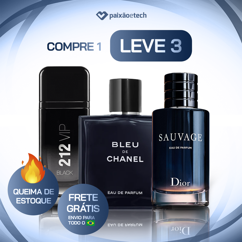 QUEIMA DE ESTOQUE - 3 Perfumes Masculinos Importados (100ml cada) - Sauvage Dior | Bleu de Chanel| 212 VIP Black