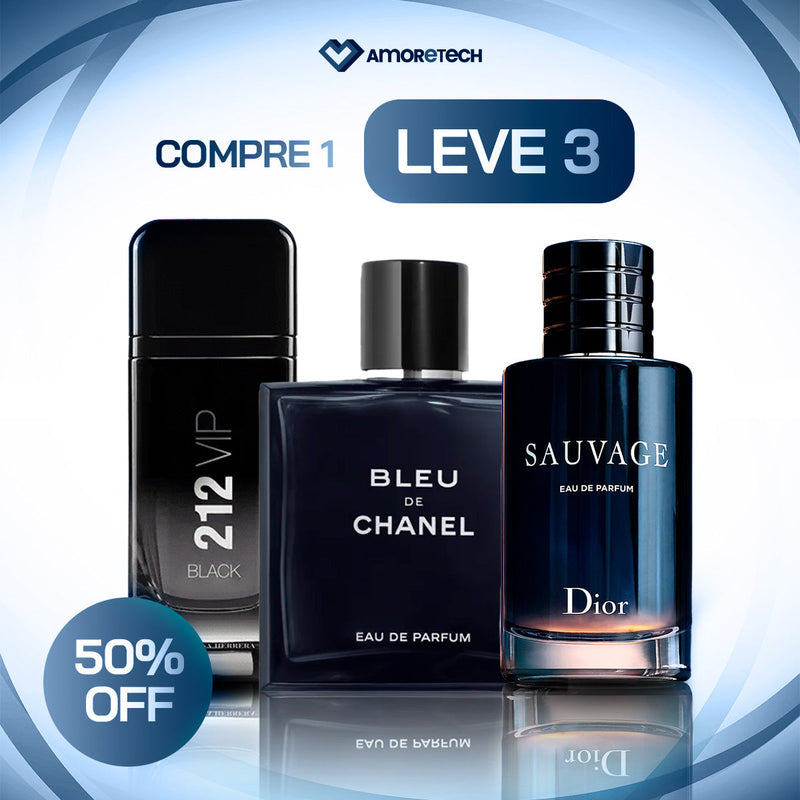 Kit 3 Perfumes Masculinos Importados (100ml cada) - Sauvage Dior | Bleu de Chanel| 212 VIP Black [PROMOÇÃO POR TEMPO LIMITADO]